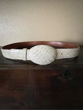 Wild West Western Cream Crocodile/Alligator Leather Belt with Oval Buckle